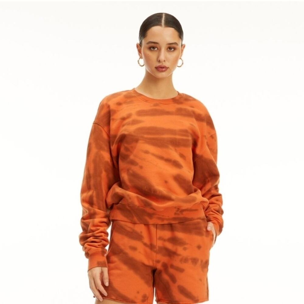Good American Sweatshirt Size 1 Orange Boyfriend Crewneck Cinnamon Brown Tie Dye